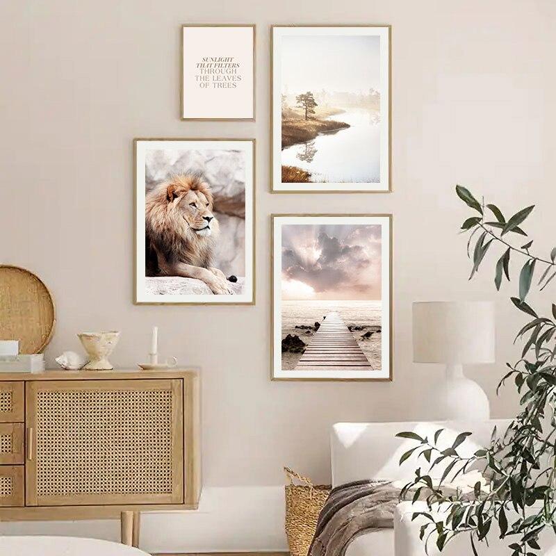 Nature wall art painting set on living room wall.