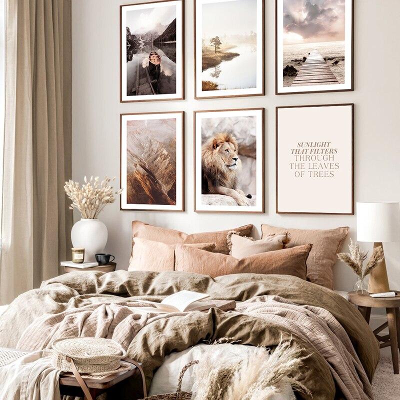 Nature wall art painting on bedroom wall above bed.
