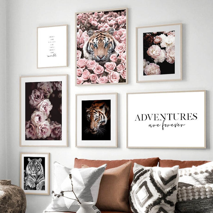 Pink Tiger Canvas Prints set on living room wall.