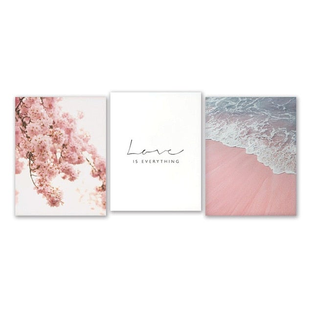 Set of 3 pink floral canvas poster set.