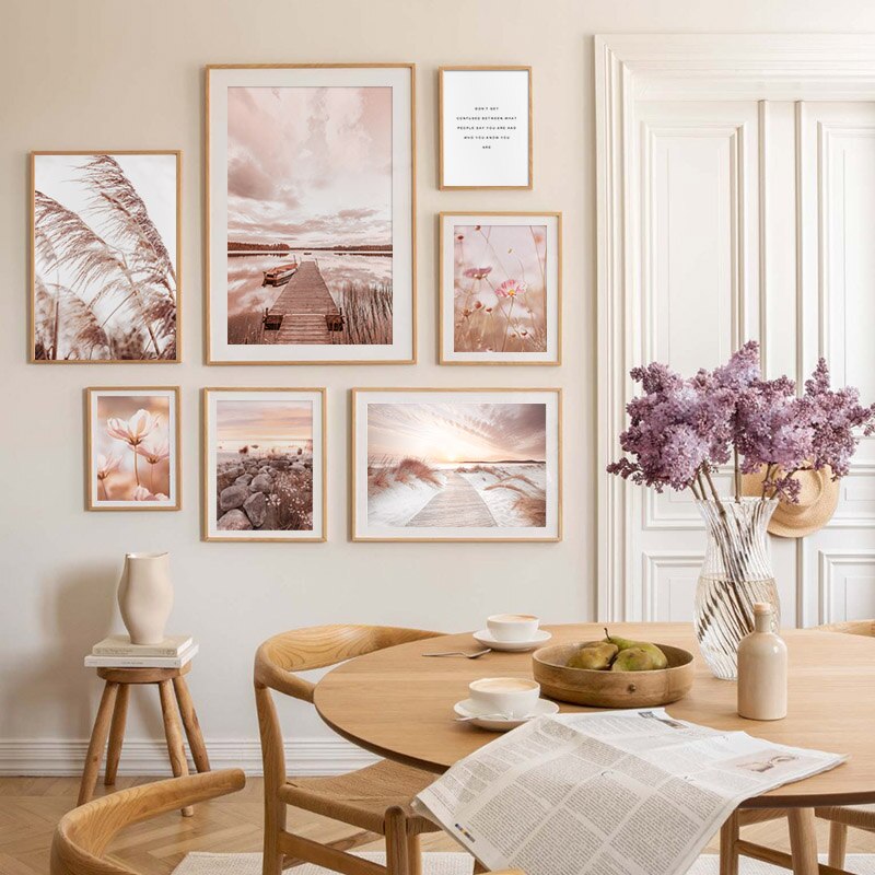 Sunset pink wall art set in dining room wall.
