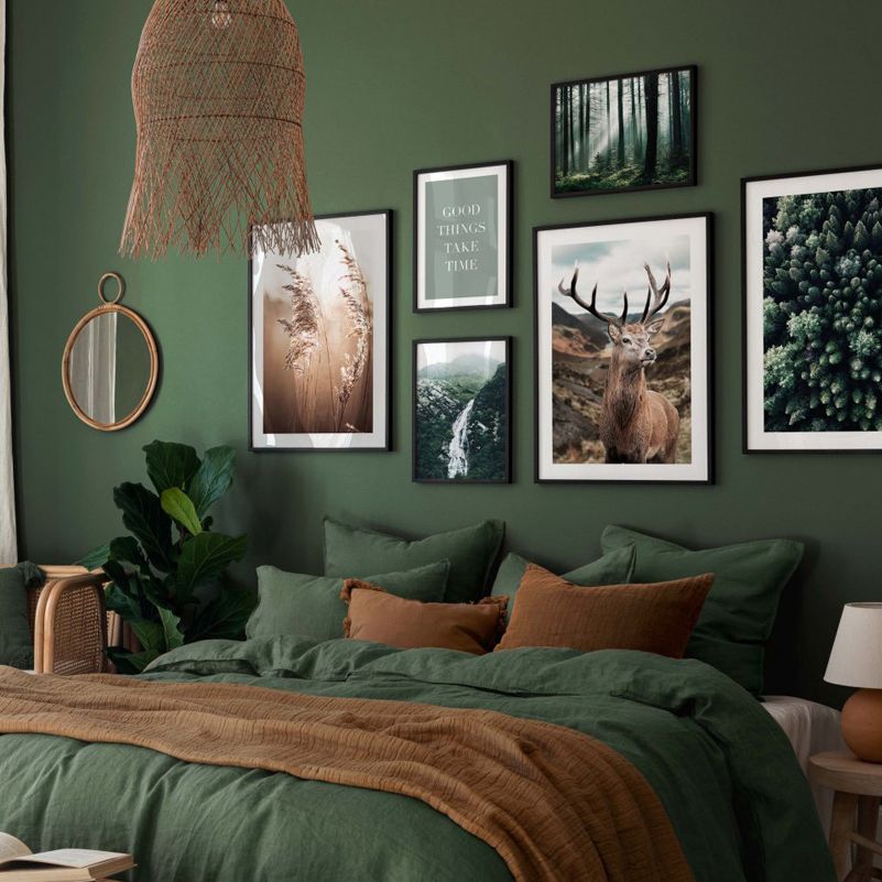 Wildlife forest nature set on green bedroom wall.