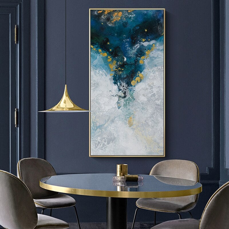 Blue abstract Large Canvas Print on navy blue dining room wall.