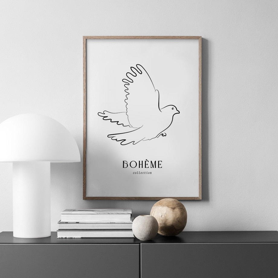 Dove canvas poster in frame on wall.